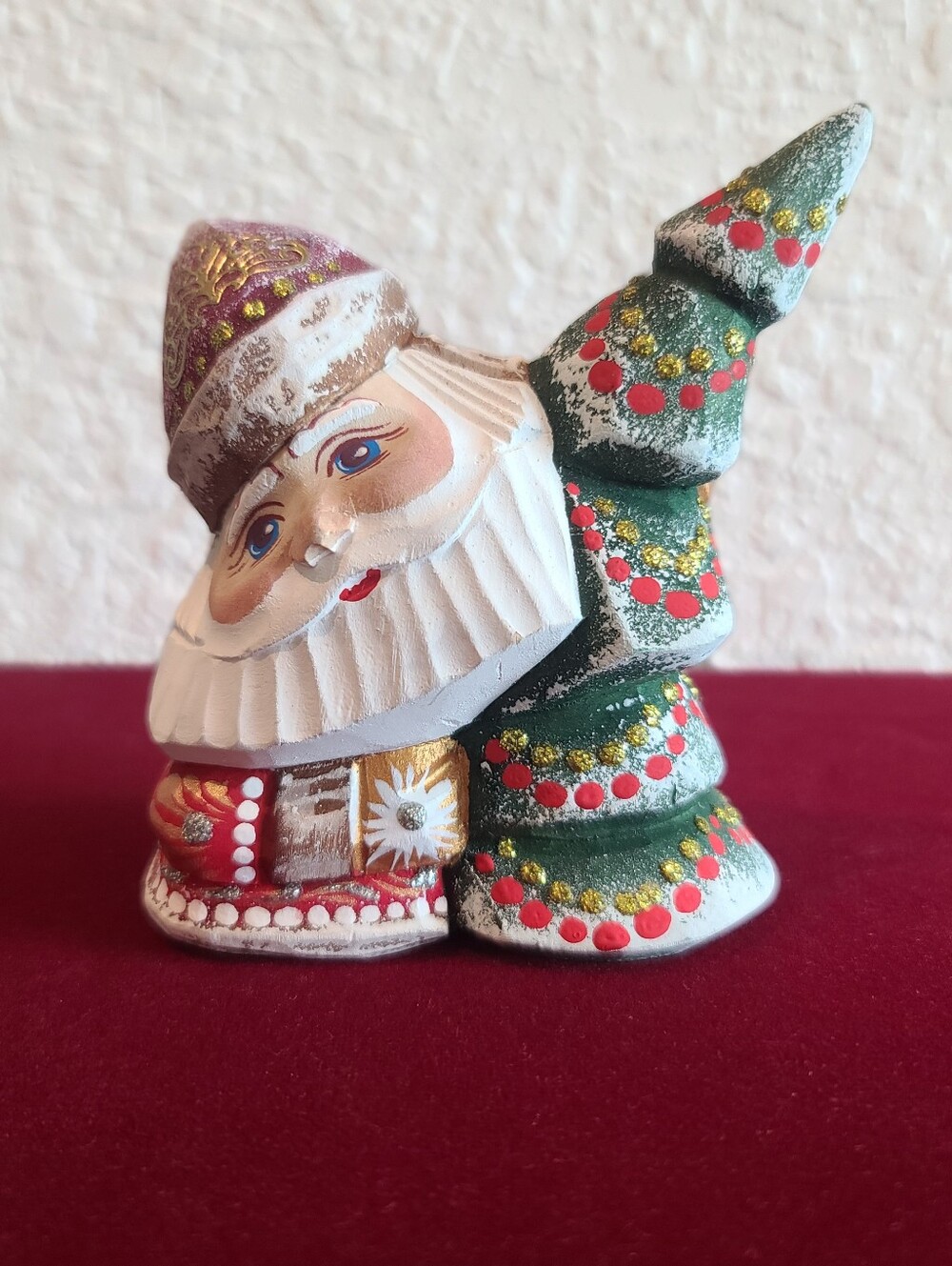 Vtg Wooden Russian Santa (Grandfather Frost) with Christmas Tree Figurine 4"